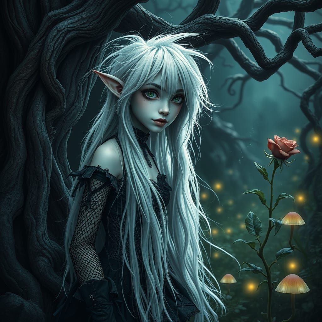 Mystical Pixie in Overgrown Garden, Gothic Whimsy in Monochr...