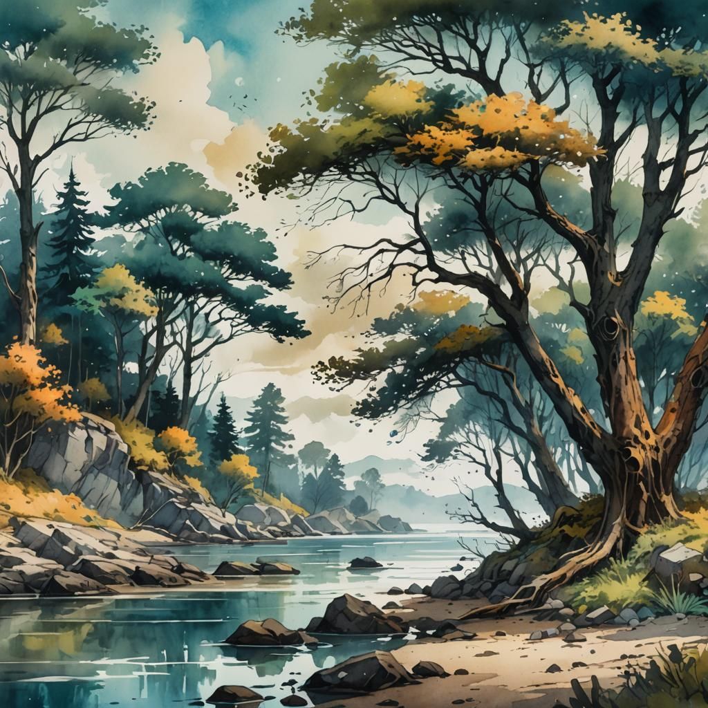 Vintage Trees on Shoreline: A Watercolor Painting