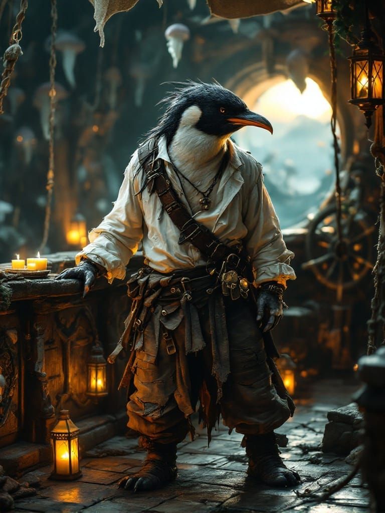 A Pirate-Penguin Chimera Amidst a Mystical Pirate Ship