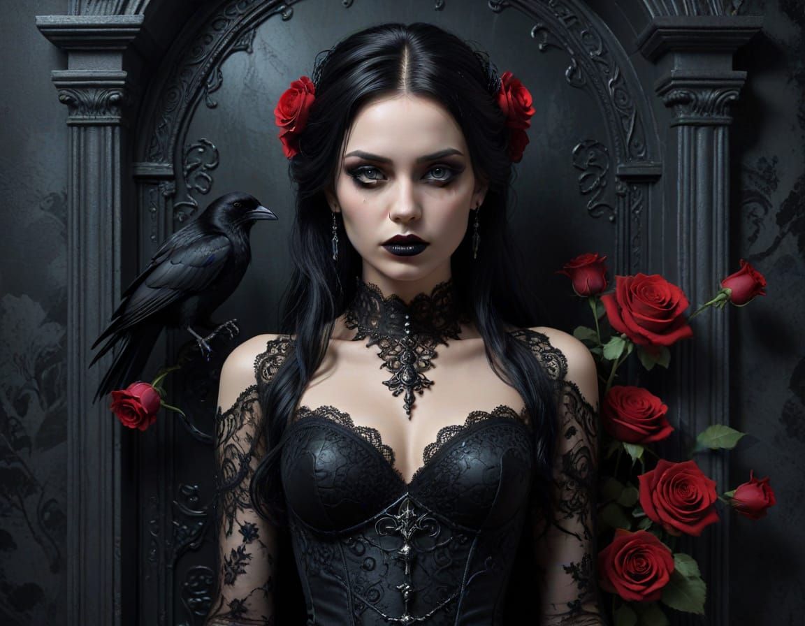 Gothic Woman with Crow and Skull: Digital Art