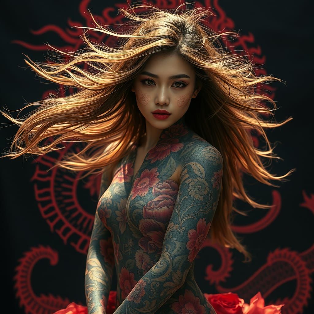 Malaysian Woman with Floral Tattoo and Dragon Background