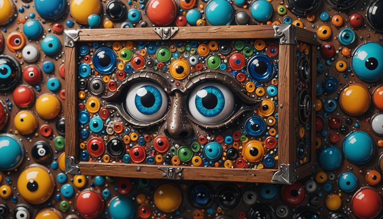Googly Eyes on Wooden Chest: Hyperrealistic Splash Art