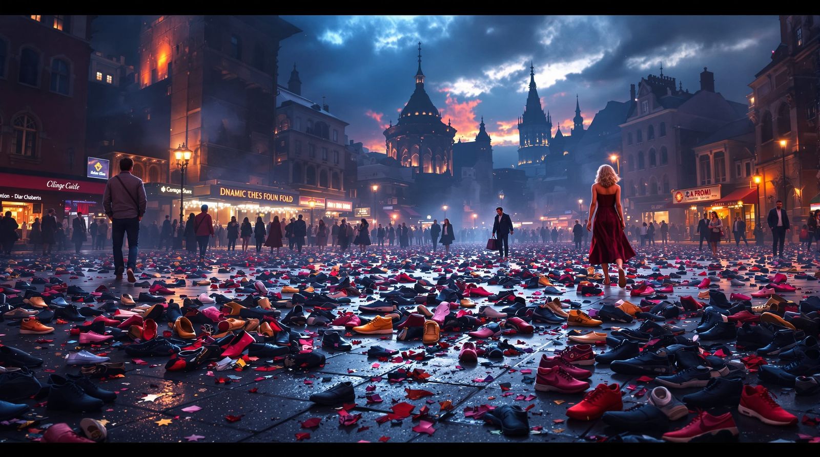 Town Square Scene: Bare Feet and Scattered Shoes