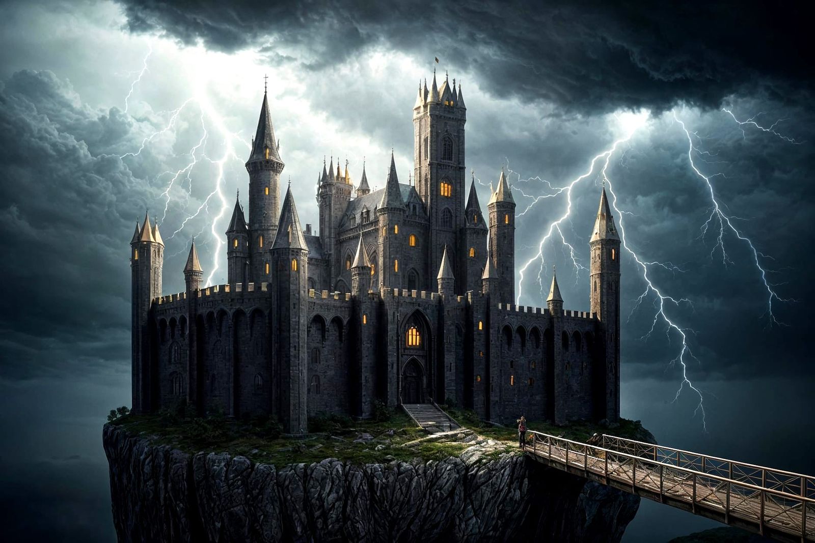 Graphite Fortress on Cliff Edge in Stormy Sky