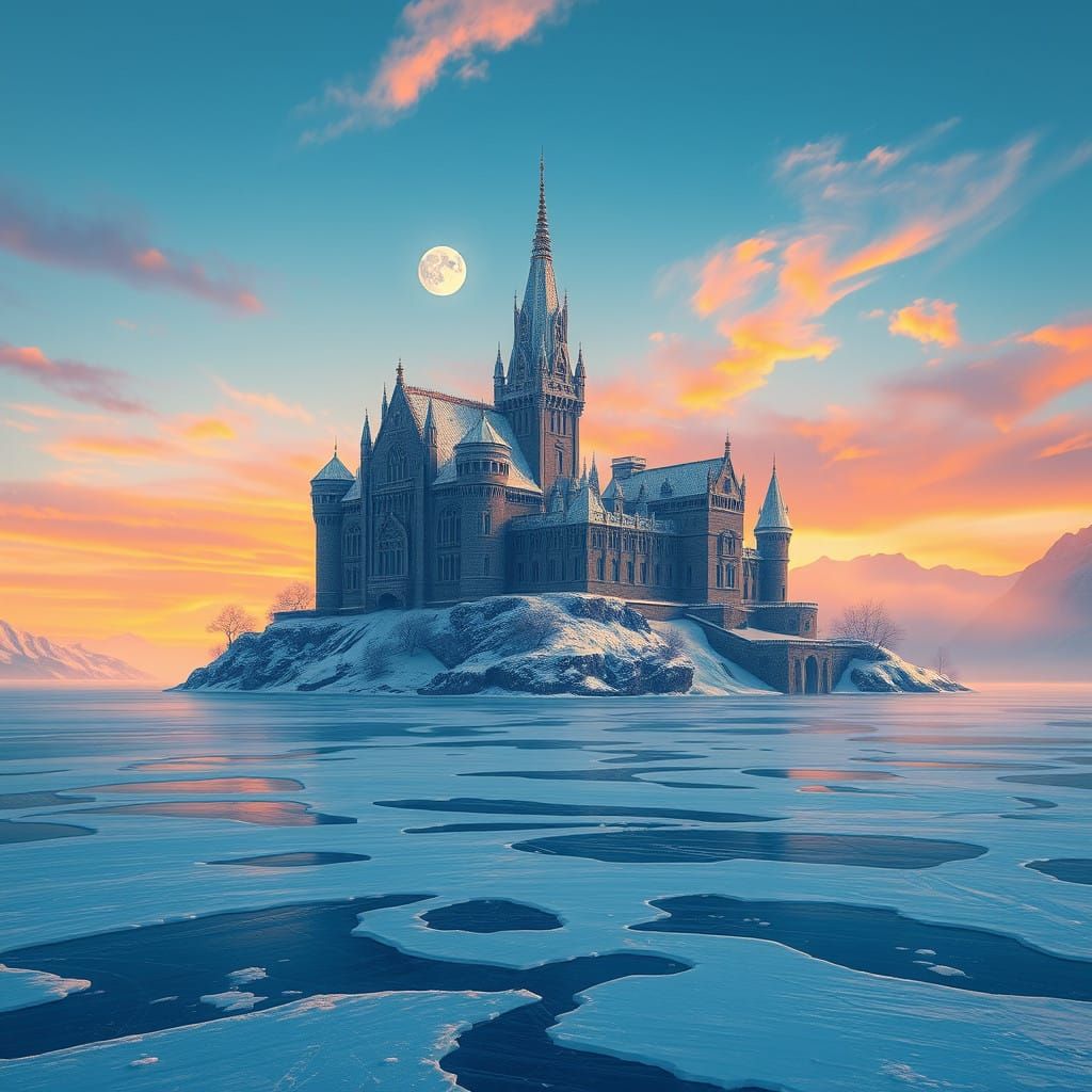 A Majestic Castle in a Winter Wonderland, in the Style of Hi...