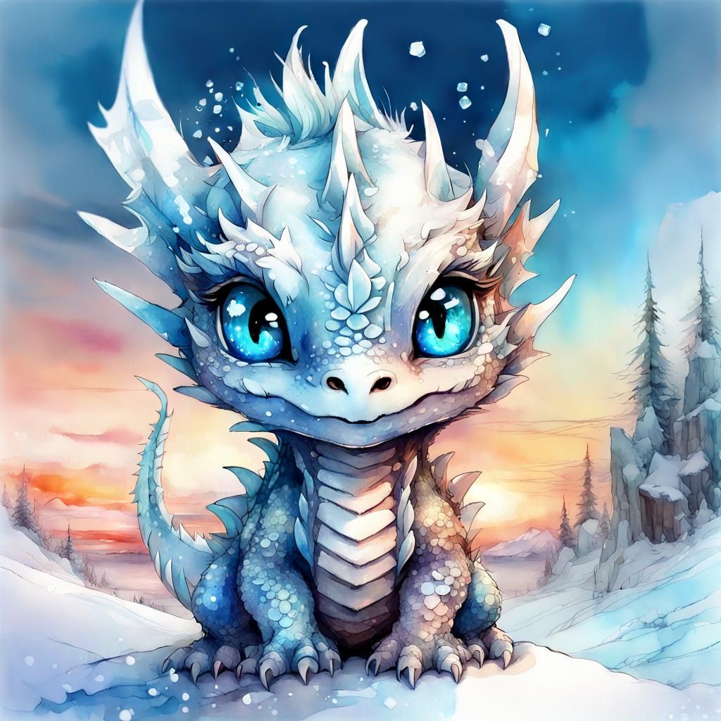 Icy Blue-Eyed Dragon in Watercolor Fantasy Landscape