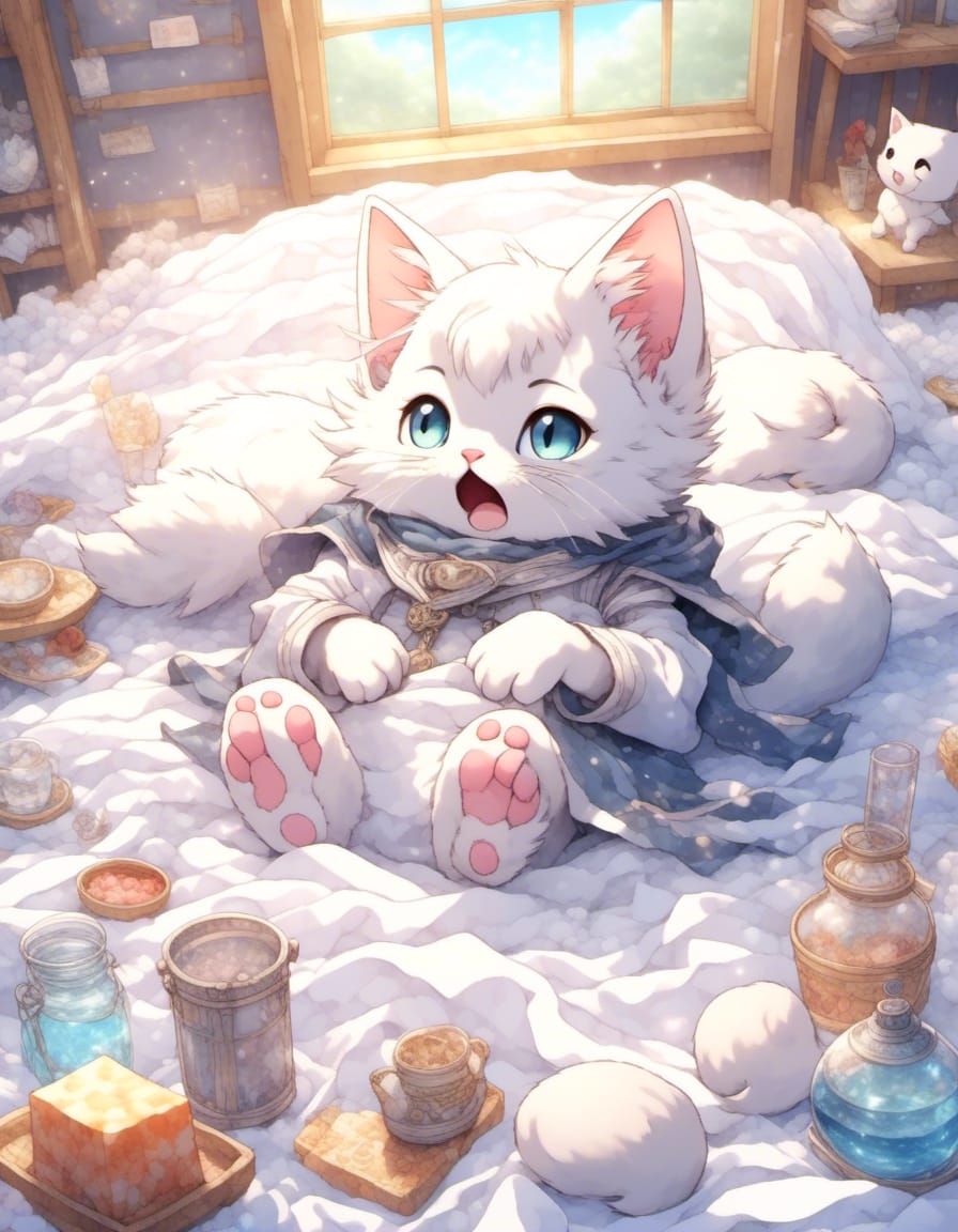 Cute Anime Kitten with Cold in Bed