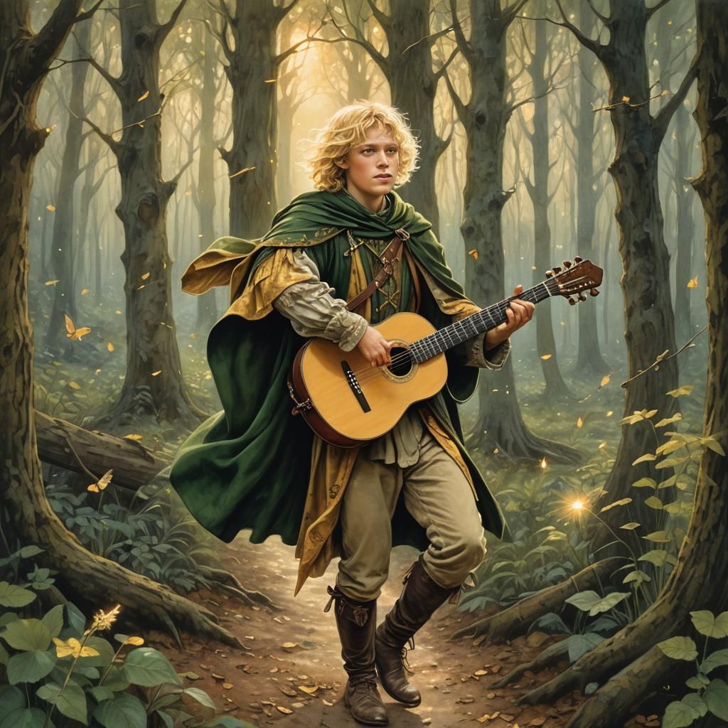 Minstrel's Forest Walk: A Whimsical Fantasy Illustration