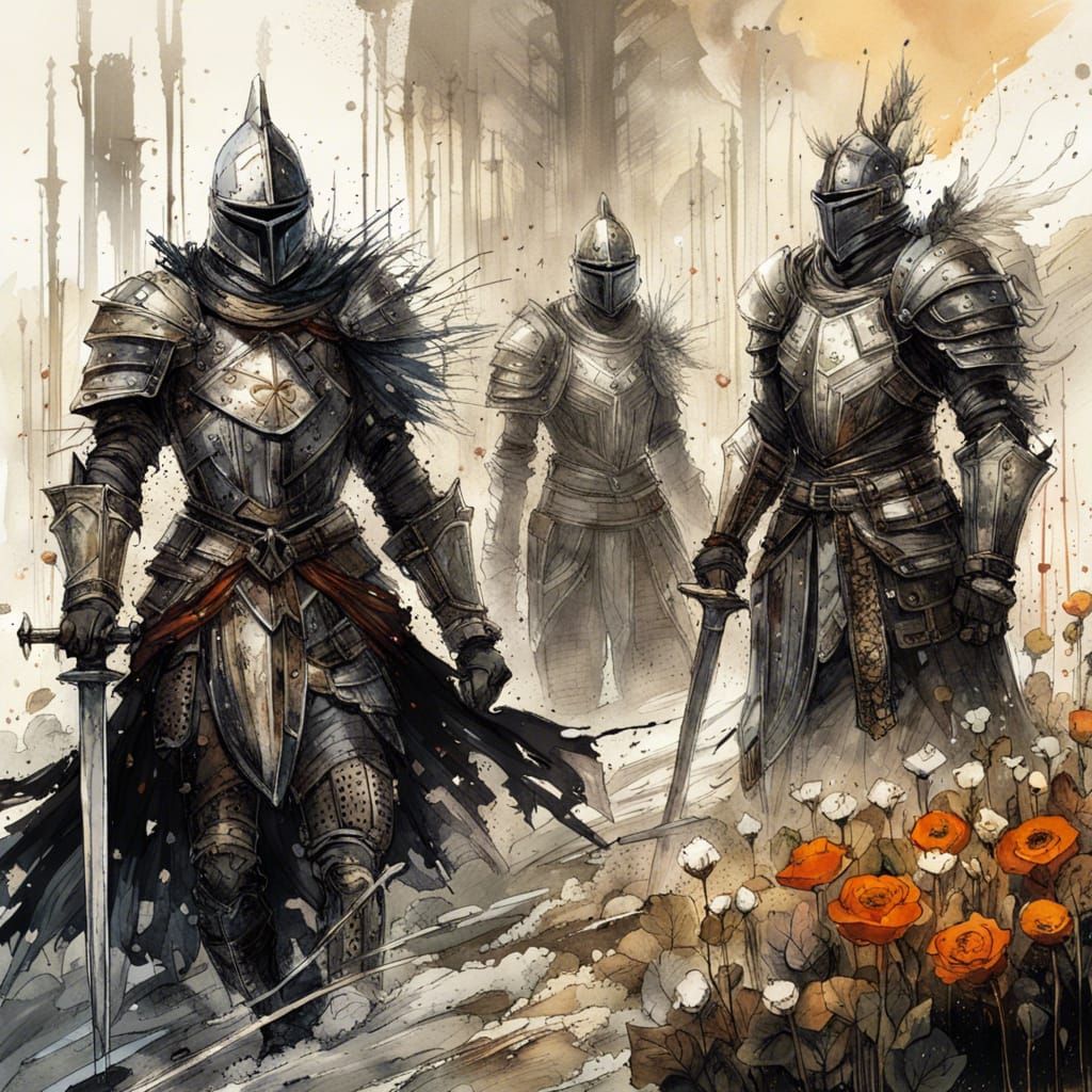 Gothic Knight Squad in Rose Field: Gouache Style