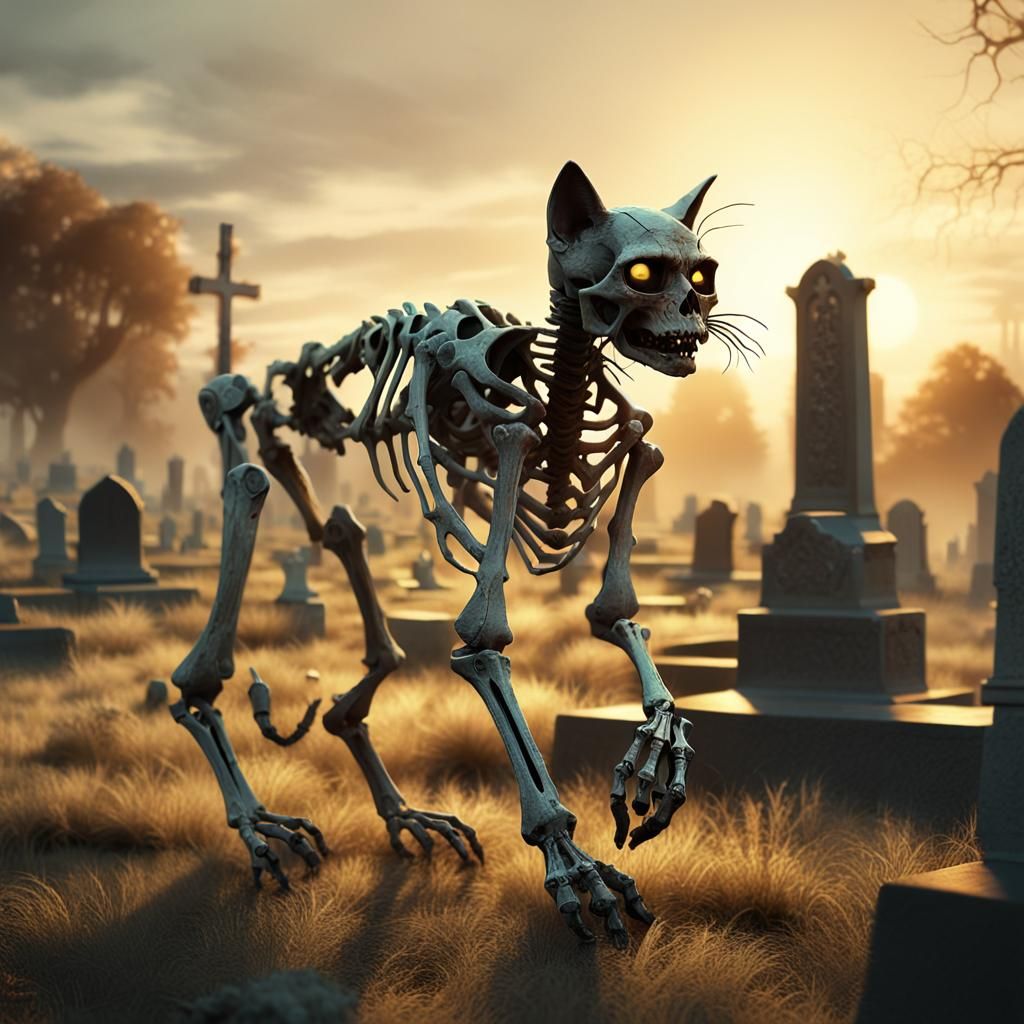 Zombie Cat Skeleton Graveyard Digital Art