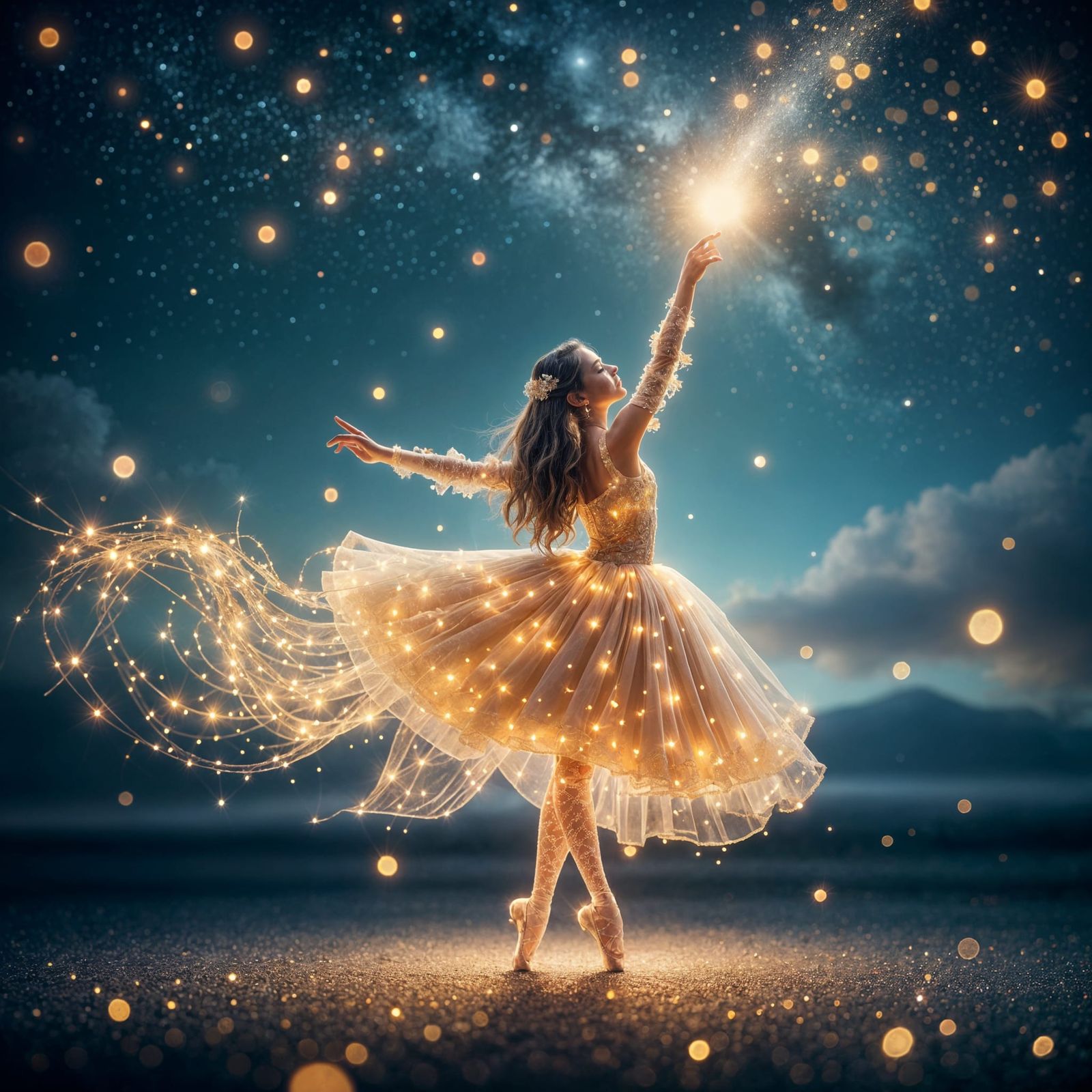 Ballerina in Starlight Dress Dances Under Fairy Lights