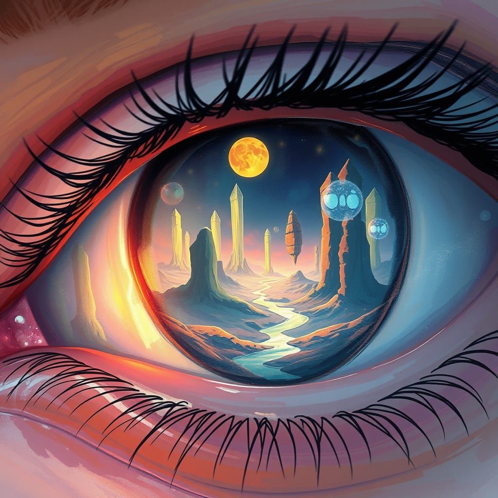 Surreal Alien Landscape Reflected in Human Eye