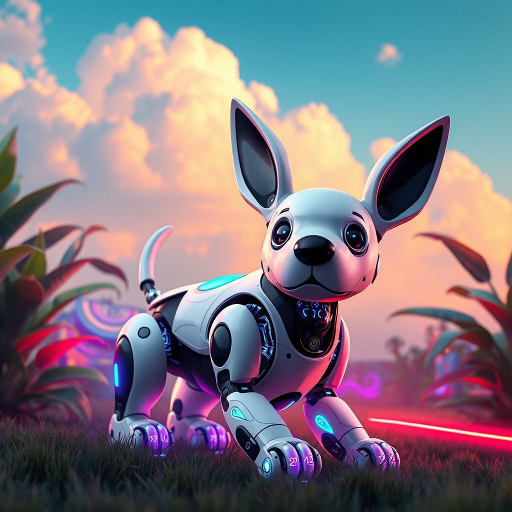 Futuristic Robot Dog in Dreamlike Landscape