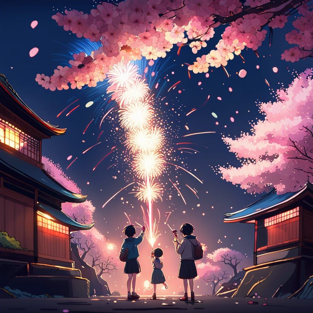 Anime New Year Celebration with Cherry Blossoms