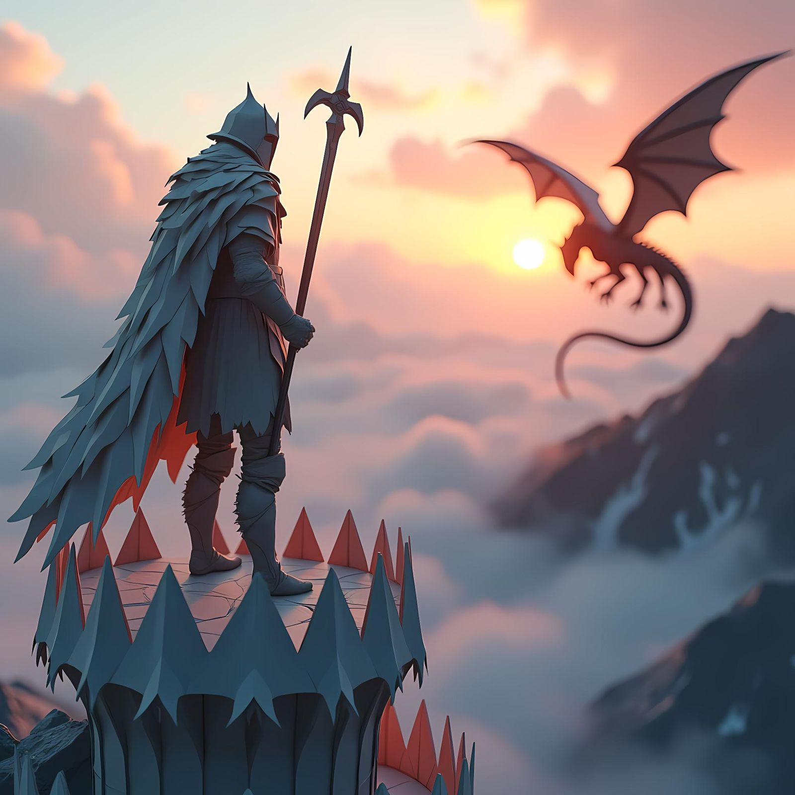 Origami Knight on Castle Ramparts in Dark Fantasy World