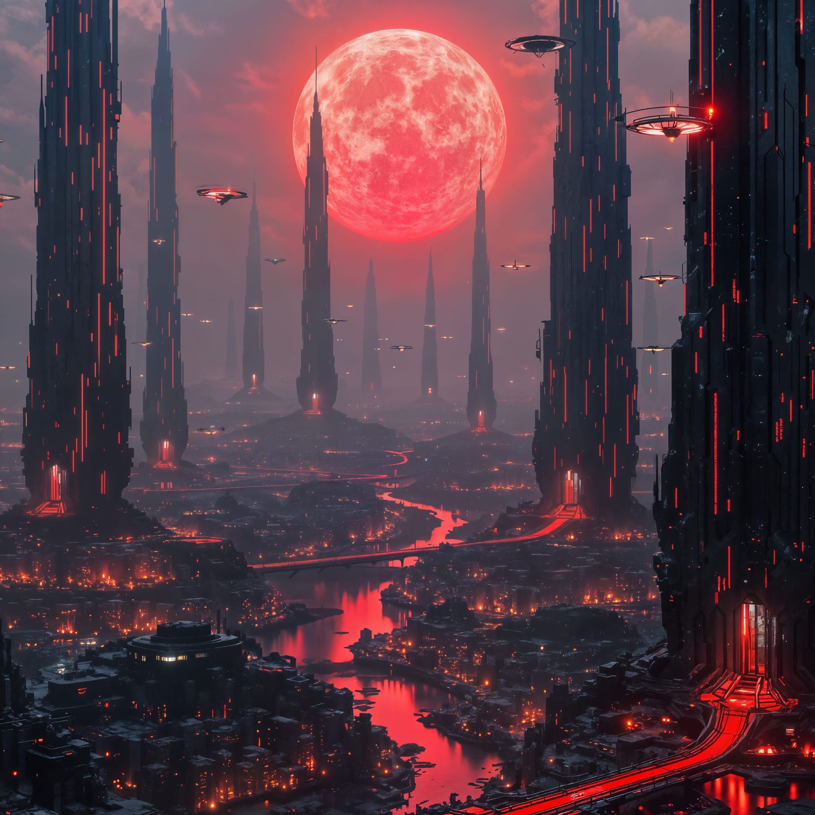 Brutalist Cityscape with Red Neon and Drones