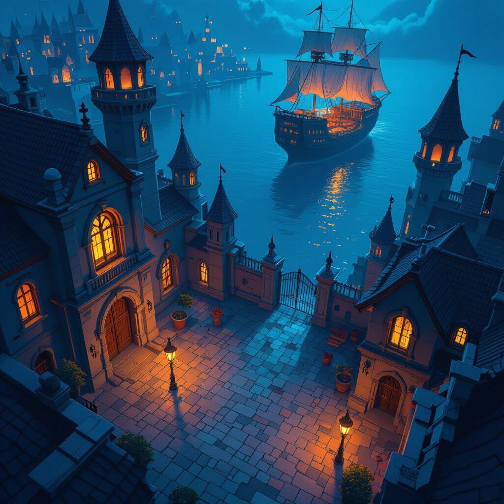 Fantasy City at Night: Top-Down View with Ship