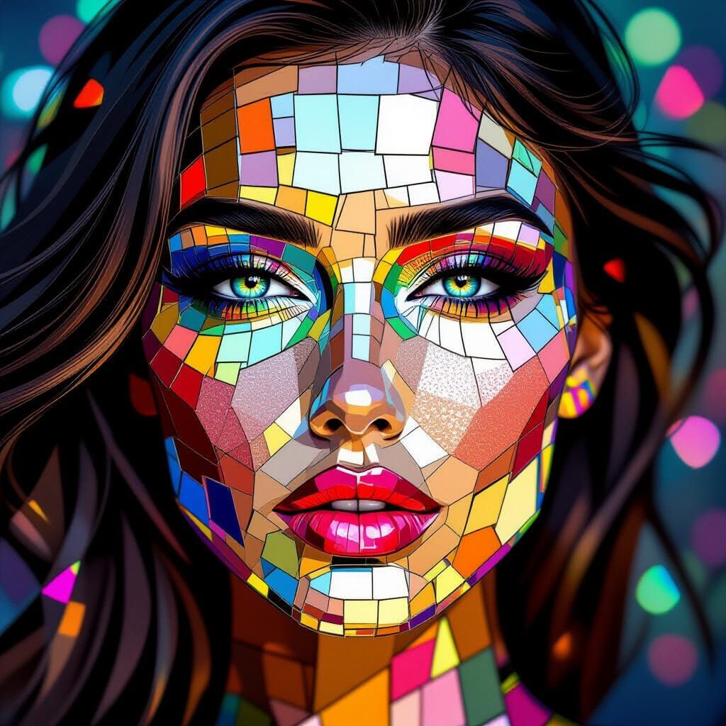 Mosaic Portrait of Woman with Reflective Glass