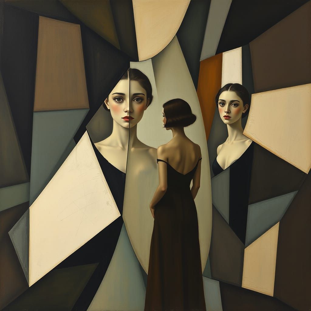 Woman's Reflections in Fractured Geometric Mirror, Cubist St...