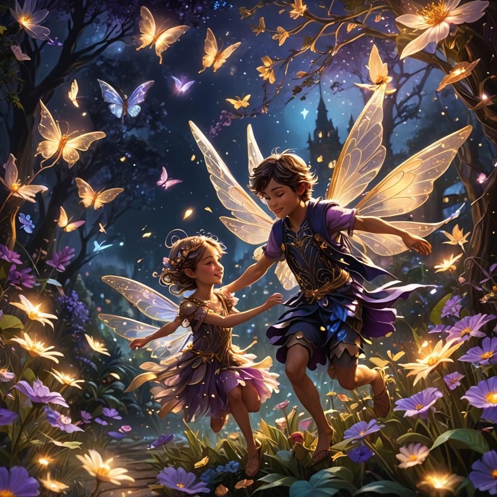 Fairies Chase Through Magical Flower Garden