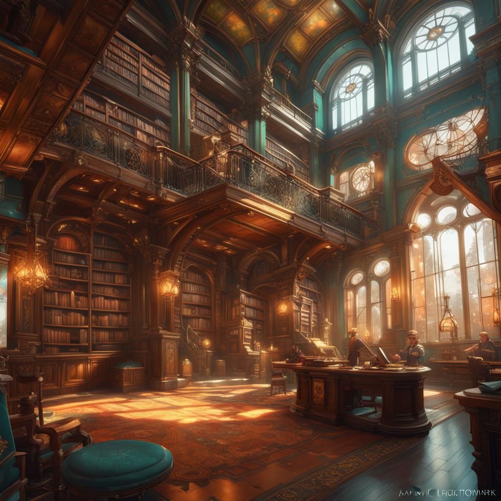 Steampunk Library in Art Nouveau Style