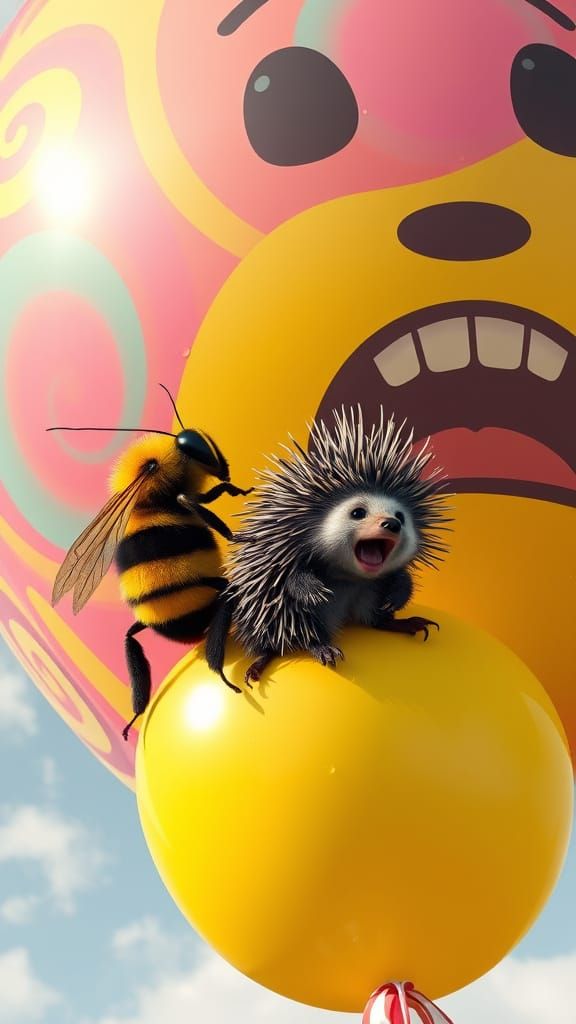 Whimsical Postmodern Bee and Porcupine Balloon Scene