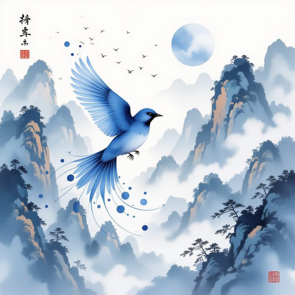 Blue Bird Transforms into Celestial Ink Over Misty Mountains