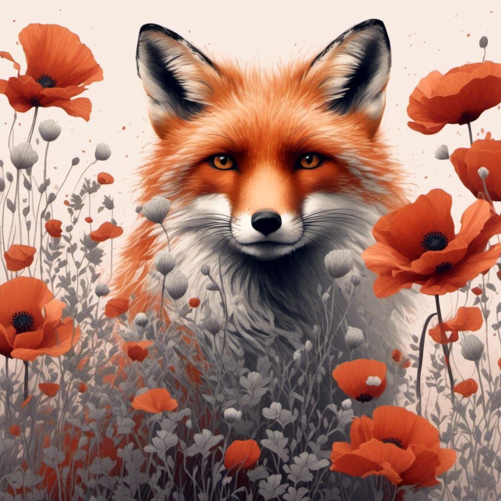 Macro Manga Fox with Poppies Illustration