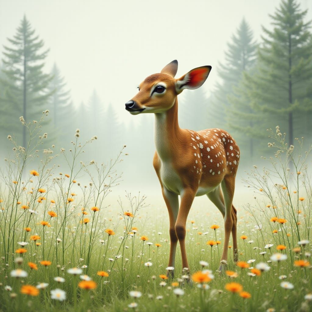 Cute Fawn in Delicate Flower Meadow Painting
