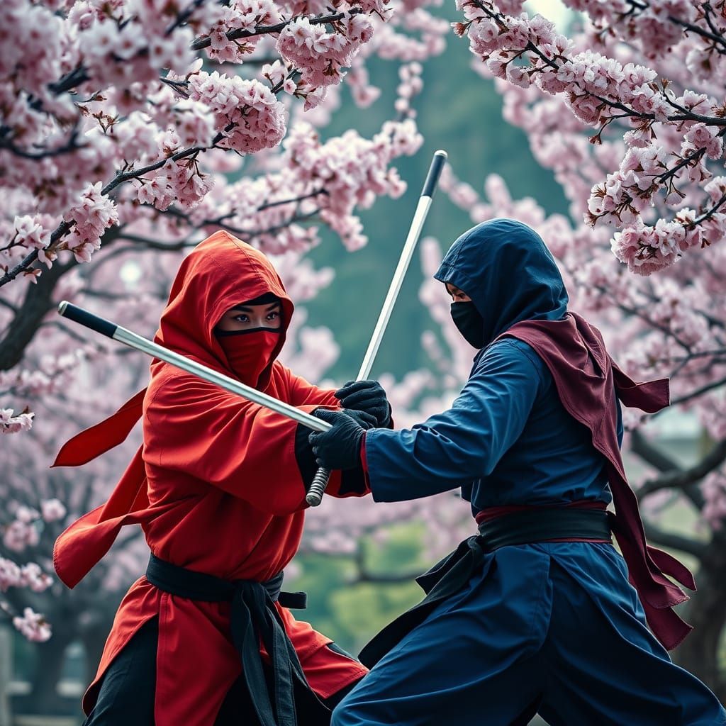 Ninja Warriors Clash in Vibrant Cherry Blossom Ambiance