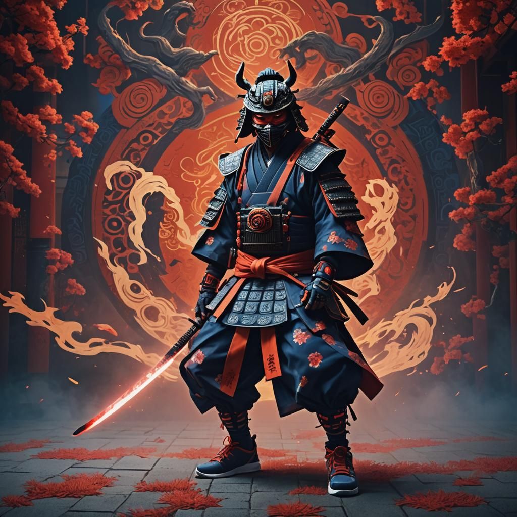 Samurai with Oni Mask and Energy Sword in Fantasy Art