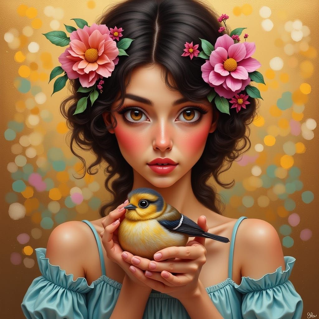 sweet woman of dark hair decorated with easter flowers and h...