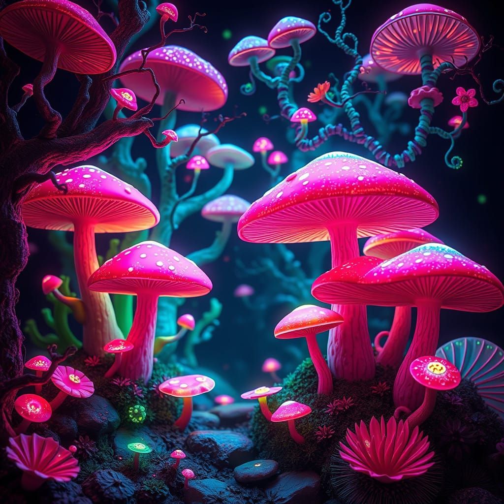 Whimsical Neon Mushroom Dreamscape
