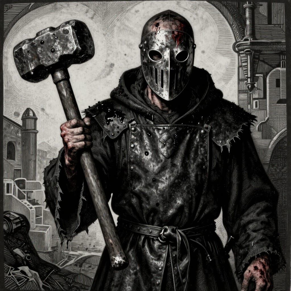 Medieval Cultist in Iron Mask Wields Rusted Hammer