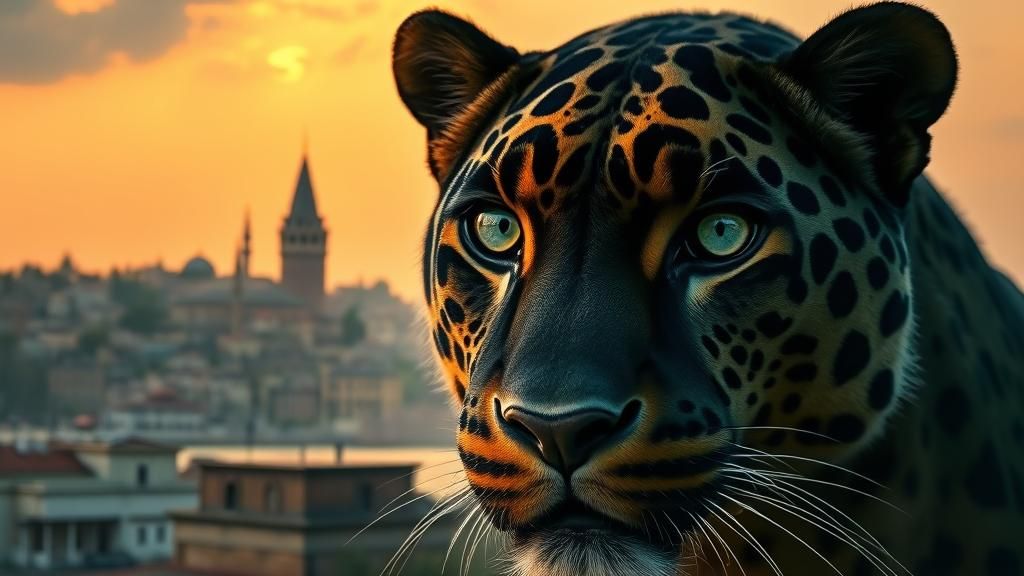 Istanbul Skyline Blended with Black Jaguar Portrait