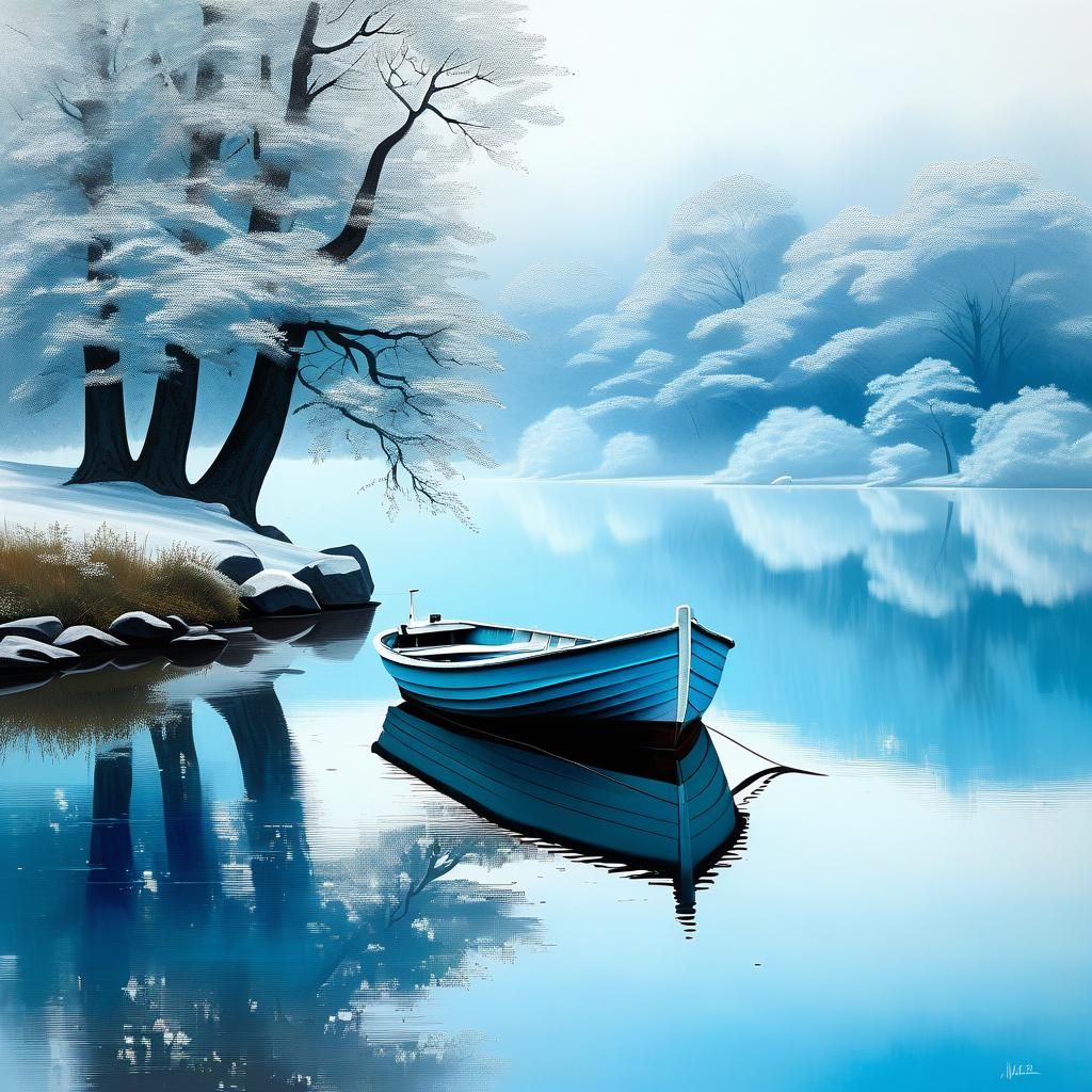 Moored Boat on Aqua Blue Lake: Watercolor Style