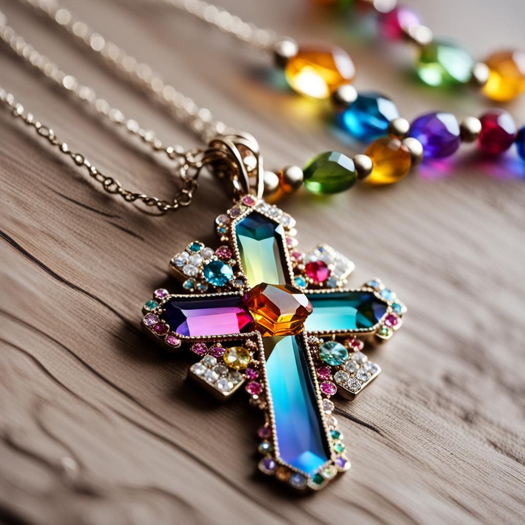 Rainbow Crystal Cross Necklace: Glamorous Professional Photo...