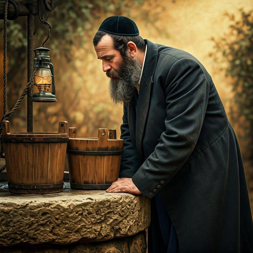 A 19th Century Jewish Man Draws Water in Warm Golden Light