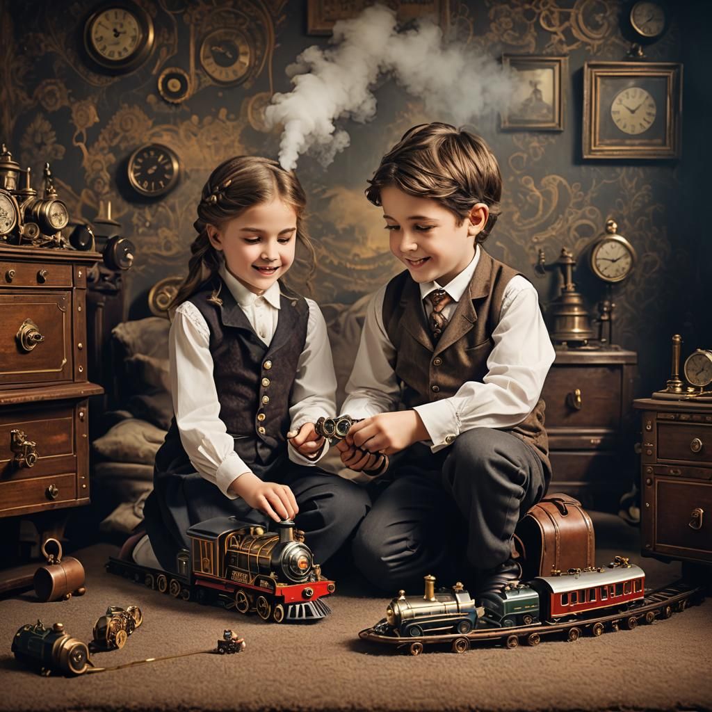 Victorian Children Play with Steampunk Steam Train