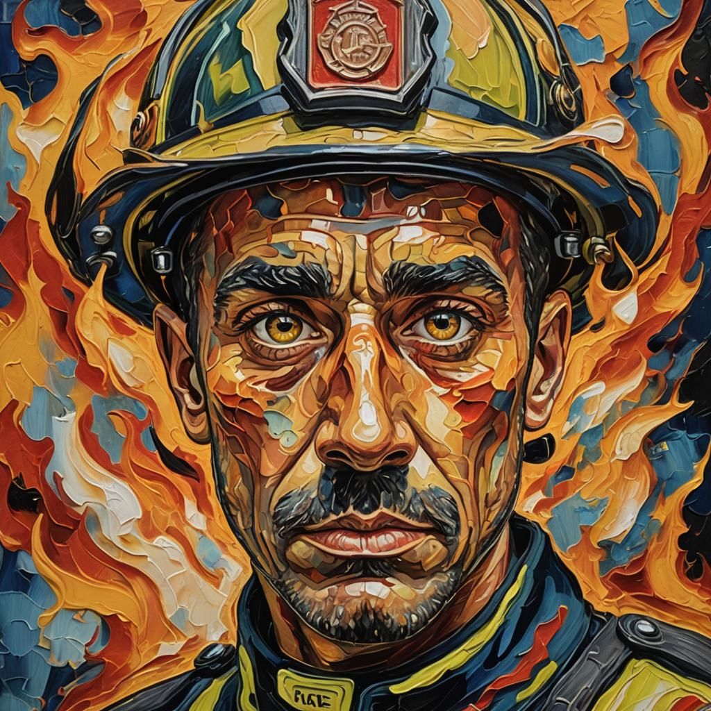 Firefighter's Face in Neo-Impressionism Style