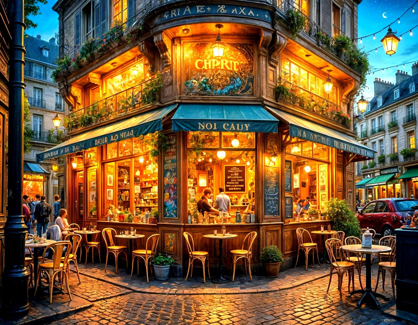 Vibrant French Café Scene in Hyper-Realistic Watercolour Sty...