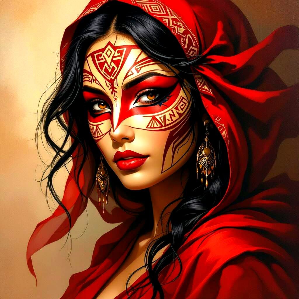 A mysterious female portrait with a red and tan tribal mask, flowing red fabrics, soft tan skin, artistic shadows, drama...