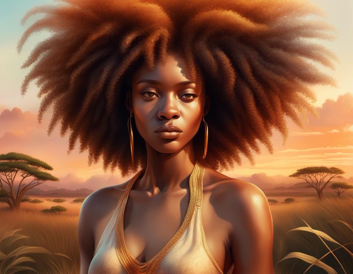 Serene Woman with Afro in Savannah: Digital Art