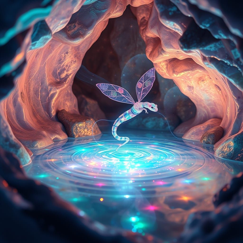 Iridescent Liquid-Crystal Creature soars above shimmering Po...