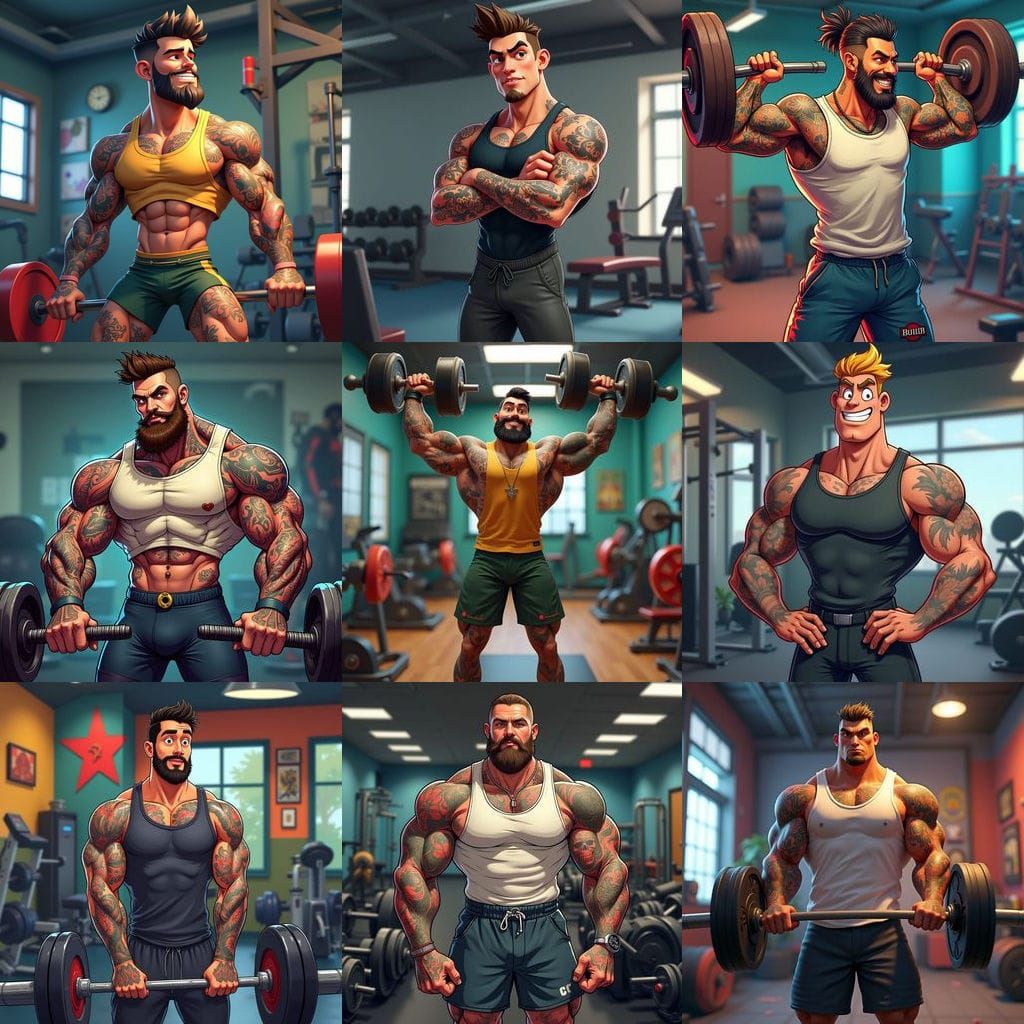 3D Cartoon Bodybuilder in Gym as Digital Art