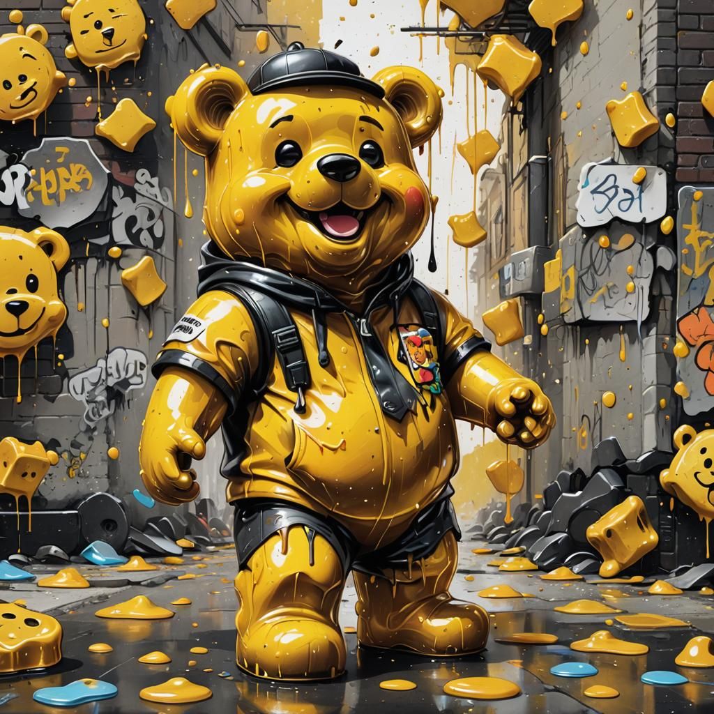 Smiling Gummy Bear Biker in Graffiti Street Art