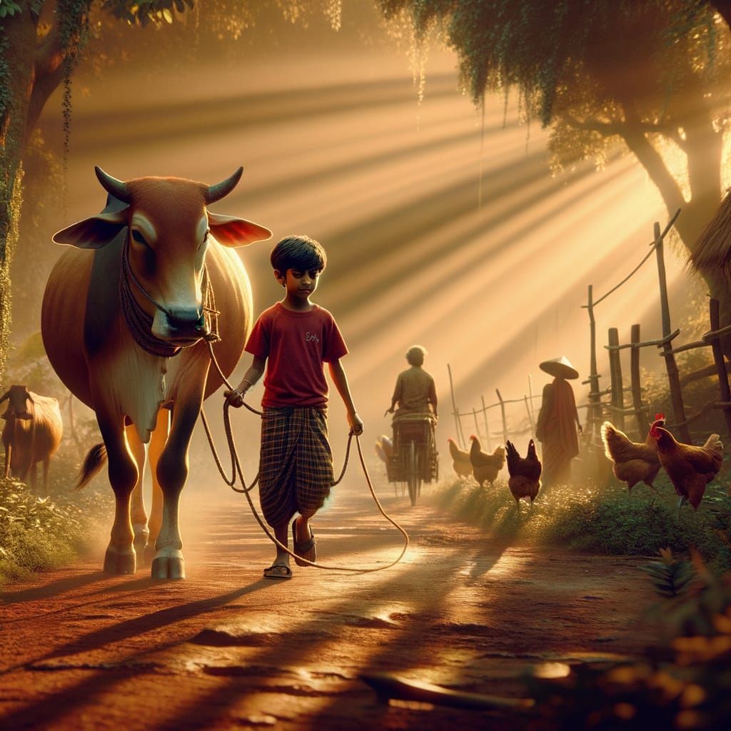 Bengali Boy Leads Cow Home at Sunset
