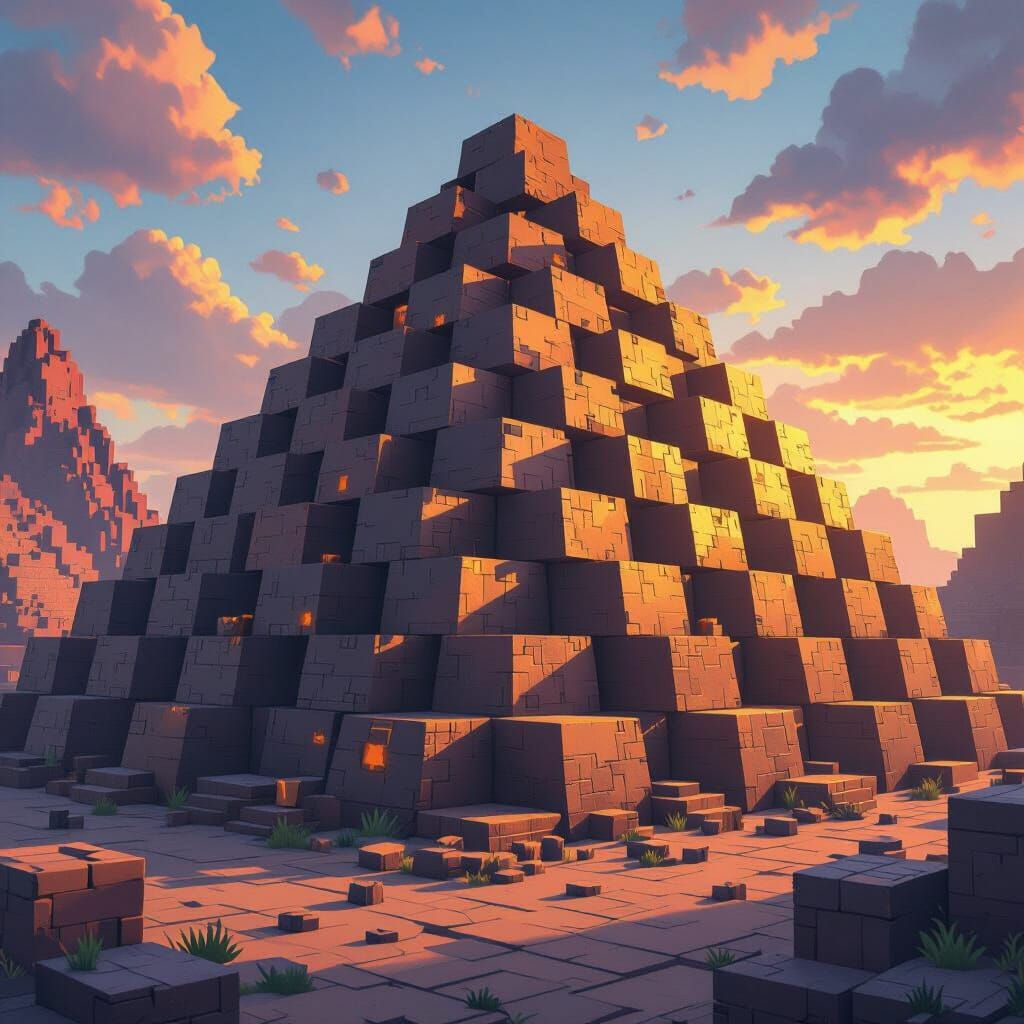 Minecraft Style Iron Pyramid with Dramatic Lighting