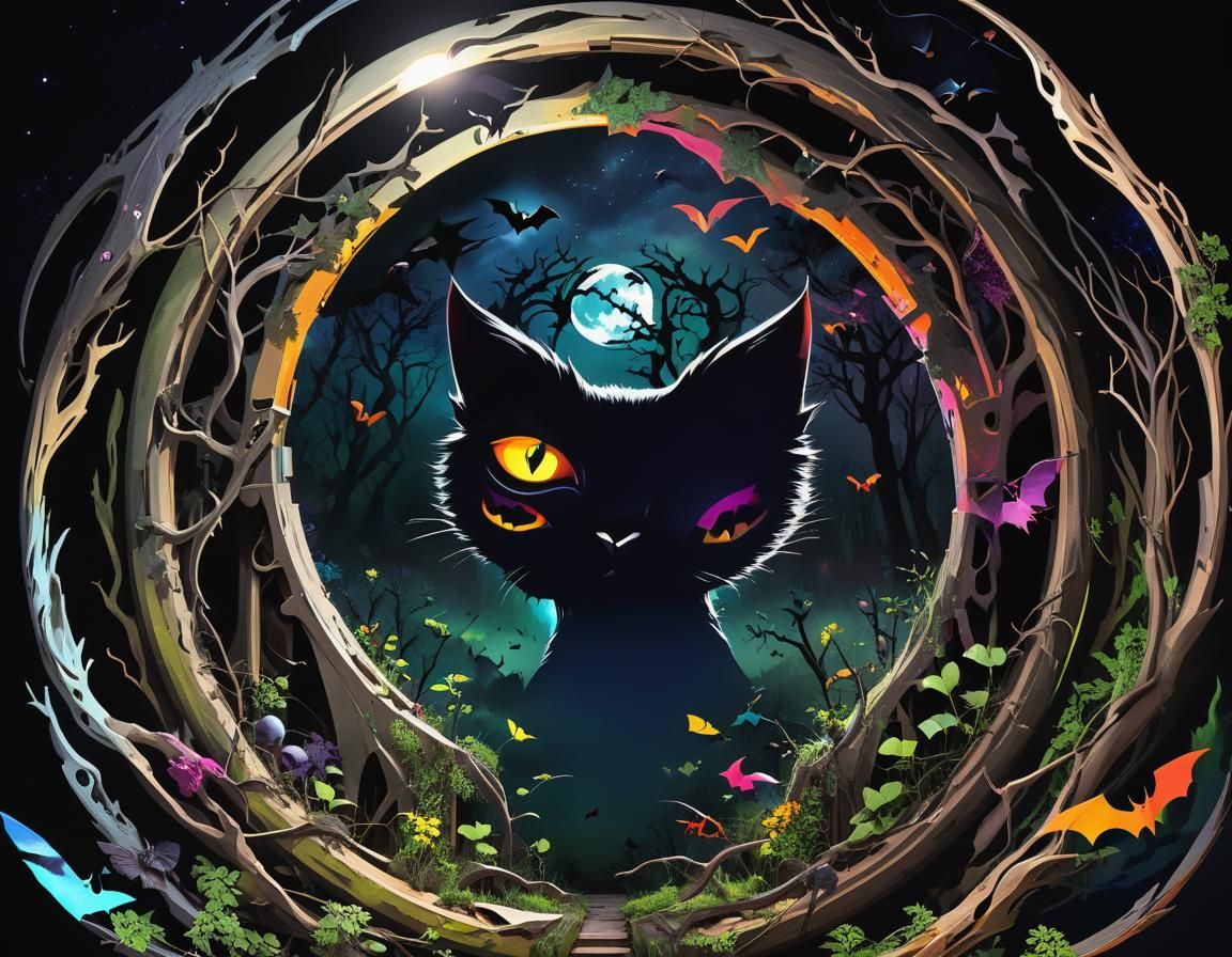 Surreal Weirdcore Arcology with Black Cat and Bats