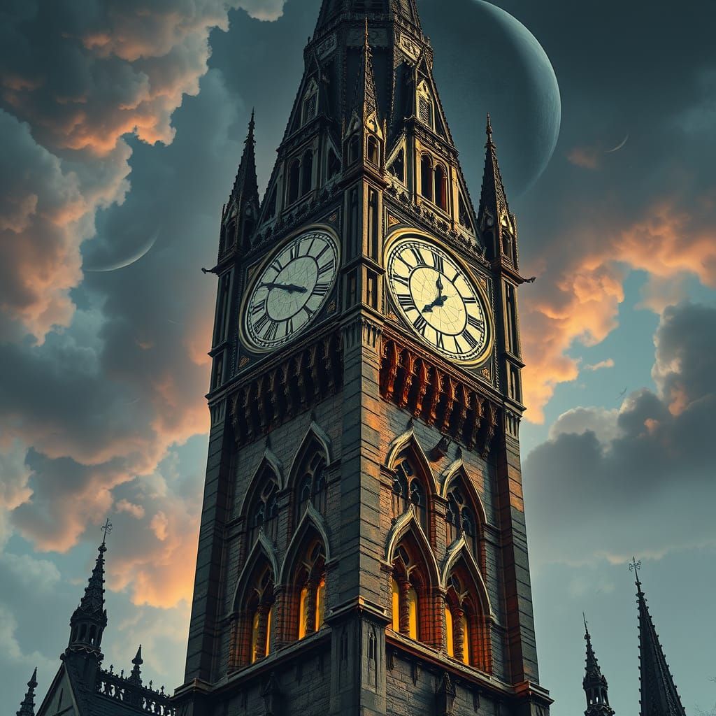 Surreal Clock Tower Unfolds in a Fantastical Dreamscape